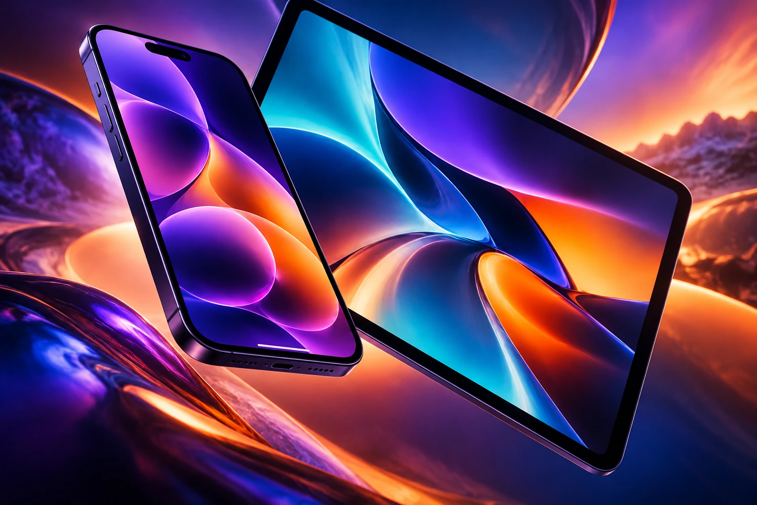 Mor, turkuaz ve turuncu arayüzlerle telefon ve tablet uygulamaları