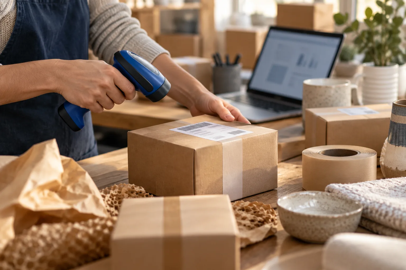 Bir e-ticaret siparişinin paketlenmesi ve barkodla kontrolü